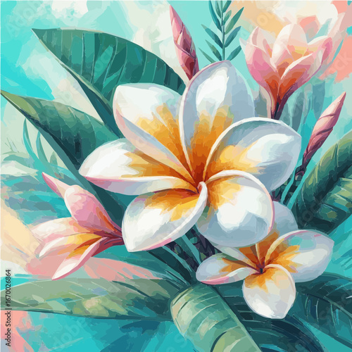Painterly digital illustration of tropical plumeria flowers