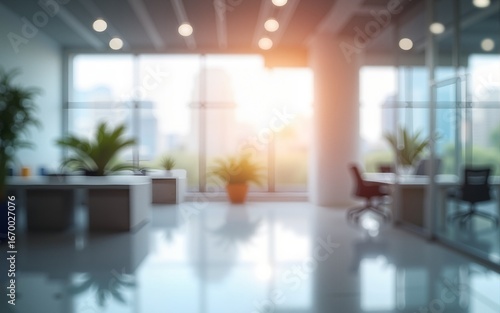 Beautiful blurred background of a light modern office interior with panoramic windows and beautiful lighting   Generative AI. High quality