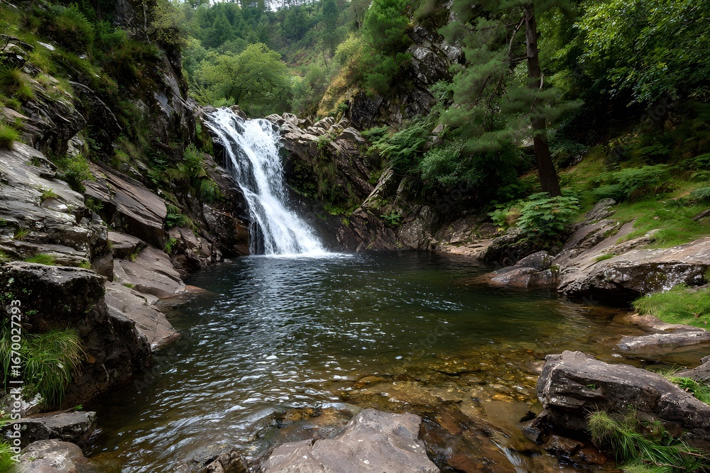Fototapeta premium Waterfall wide view evokes serene power with lush forest and rugged rocks surrounding.