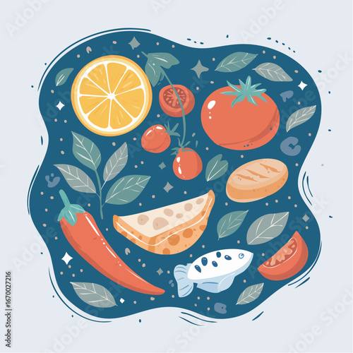 Colorful assortment of fresh produce arranged on dark blue surface creating a vibrant and appealing food composition, perfect for healthy eating concept.