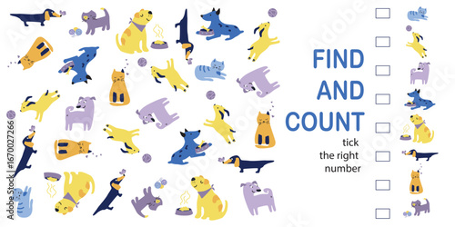 Counting activity page for kids with colorful cats and dogs, educational worksheet to find and count animals, fun printable for preschool learning and early math skills