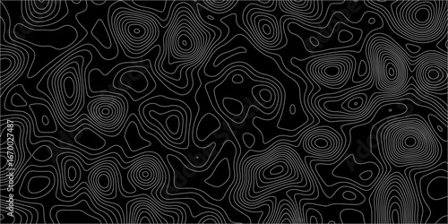 Abstract white on black background with Topographic line map pattern. abstract wavy and curved lines background. linear map. Dark seamless design. Bold tile able isolines pattern. Vector illustration.