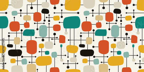 Mid Century Modern Atomic Seamless Pattern - Retro Geometric Shapes Vector Illustration