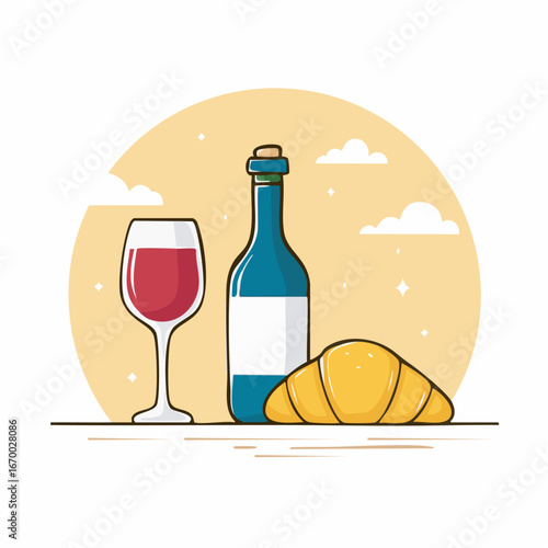 Wine bottle and croissant sit on table against warm yellow circle, representing a simple, elegant breakfast scene with a touch of french charm.