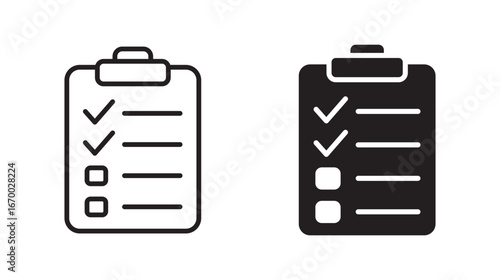 Checklist icon set. Containing clipboard with checkmark,