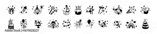 Set of cute line doodle outline children birthday icons. Hand drawn sketch vector illustration. Happy kids party celebration. Birthday cake with candles, firecracker, confetti. Whimsical drawing