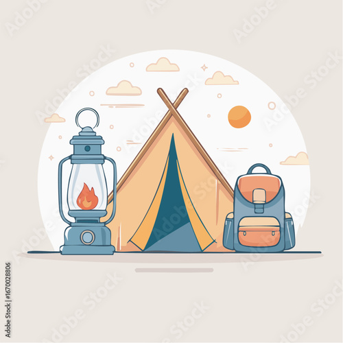 Camping tent stands near a lit lantern and backpack under a bright sun, creating a serene and inviting outdoor adventure scene.