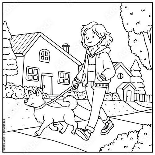 Coloring book of a girl walking her dog