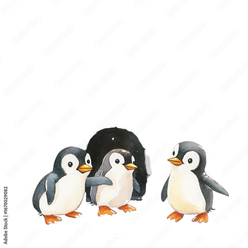 Fototapeta premium Watercolor illustration of cute penguins isolated on transparent background