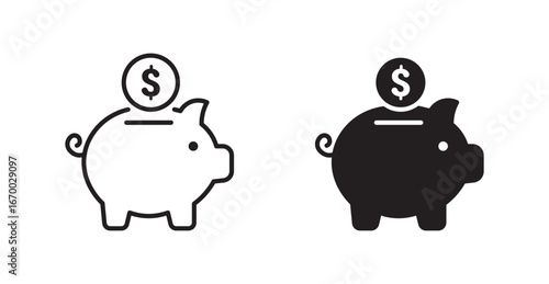 Pig, Piggy bank icon set in outline and silhouette style 