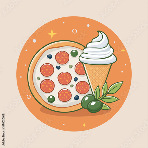 Pizza and ice cream cone sitting together on orange plate with olives, showcasing a playful and whimsical food combination.