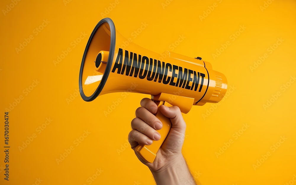 Fototapeta premium Hand holding an orange megaphone with the word announcement written on it against a yellow background