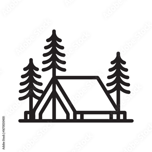 Simple Line Drawing of a Camping Tent in a Forest