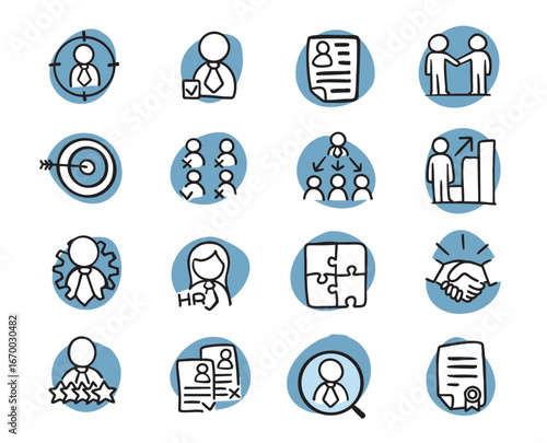 Human resources management, employee search, hiring. Hr consulting. Set of hand-drawn conceptual illustrations. Cartoon style in vector.
