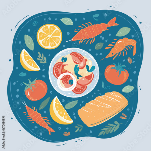 Delicious seafood salad with fresh tomatoes and lemon slices arranged artfully on a plate, surrounded by prawns and bread, showcasing vibrant colors and a summery vibe.