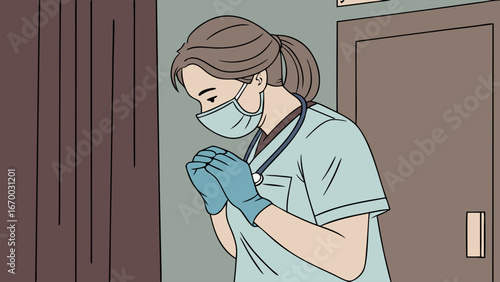 Healthcare worker praying medical professional in scrubs hope faith prayer stress exhaustion pandemic covid illness worry concern medical illustration vector art digital art graphic design medical un.