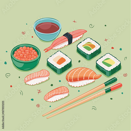 Assorted sushi pieces arranged on light green surface with soy sauce and chopsticks creating appealing food presentation, perfect for menu or food blog.
