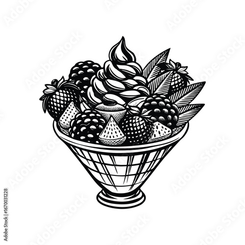 Black and white ice cream sundae with berries in a cone