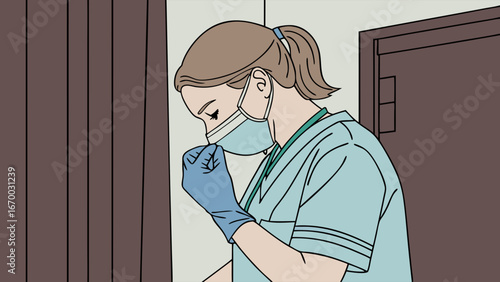 Healthcare worker wearing a mask and gloves feeling tired or stressed.
