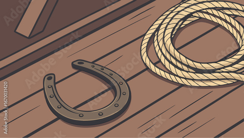 Horseshoe and Rope on Wooden Surface Good Luck Charm Western Theme Illustration.