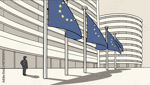 International Organization Headquarters with Flags and a Person.