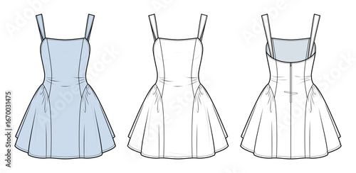 Square-Neck Babydoll Mini Dress Technical Fashion Illustration. Sleeveless Dress Fashion Flat Technical Drawing Template. Front and Back View. Women’s Wear. Blue and White Color. CAD Mockup Set.