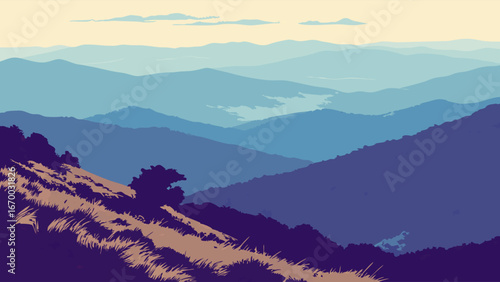 Mountain landscape scenic view hills nature blue mountains hills panoramic view outdoor scenery travel background serene landscape tranquil scene wilderness countryside elevation peak ridge valley ho.