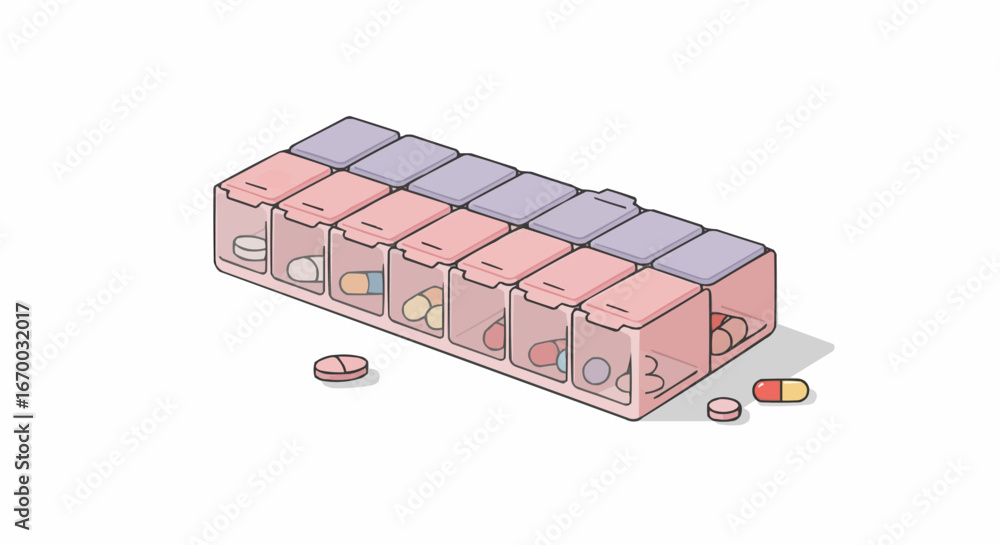 Obraz premium Pill organizer with various capsules and tablets on white background 
