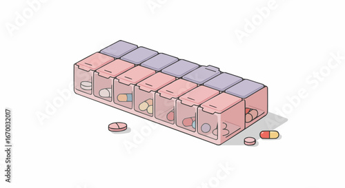 Pill organizer with various capsules and tablets on white background  