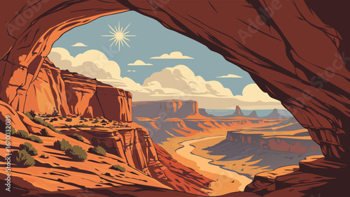 Scenic Vista Through Rock Archway Desert Landscape Canyon River Cliff Sunrise Sunset Nature Illustration.