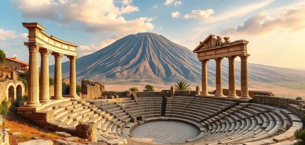 Obraz premium Ancient Greek theatre ruins, Mount Etna backdrop, summer, heritage