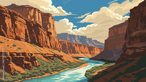 Serene River Winding Through a Majestic Canyon Landscape Under a Blue Sky with Fluffy Clouds.