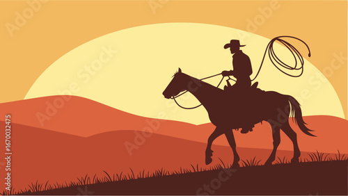Silhouette of a cowboy riding a horse at sunset over a prairie landscape.