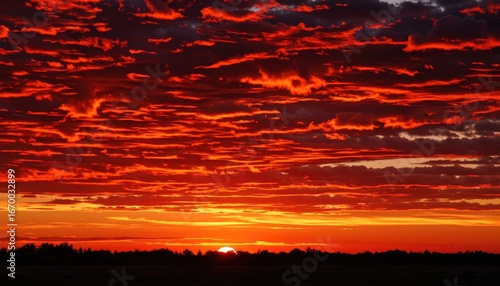 Stunning sunset displaying fiery clouds over serene landscape nature photography peaceful evening scene