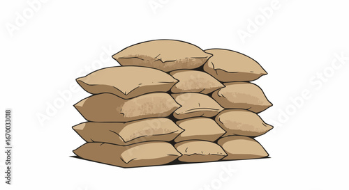 Bags of grain arranged in a neat pile on a white background
