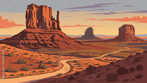 Sunset Desert Landscape with Winding Road and Monumental Rock Formations.