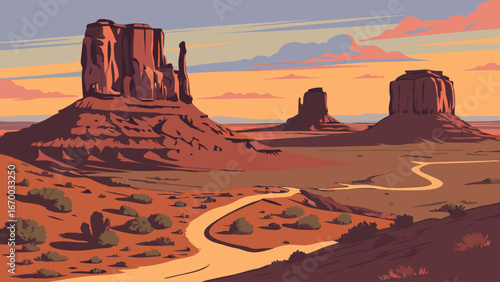 Sunset over desert landscape with rock formations and winding road.