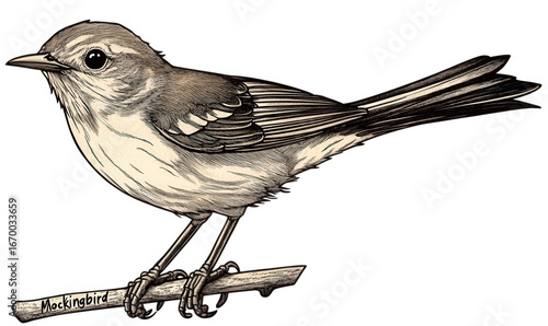 Vintage illustration of a mockingbird perched on a branch isolated on transparent background