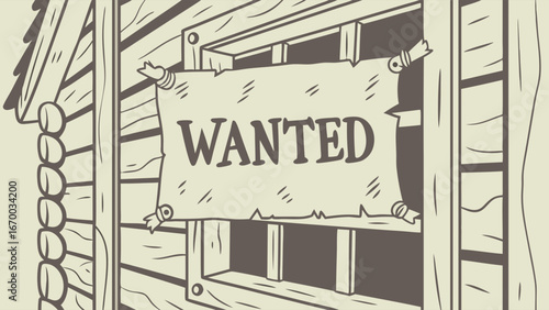 Wanted Poster on Wooden Cabin Wall Wild West Illustration Western Theme Graphic.