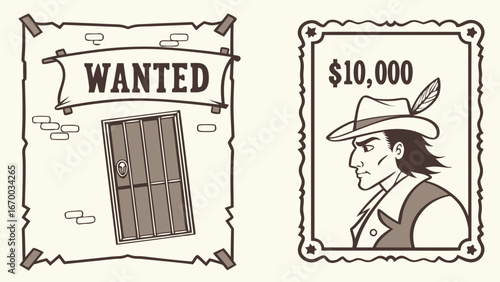 Wanted Poster Set Vintage Western Outlaw Design Jail Cell and Portrait Illustrations.