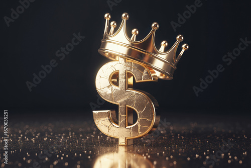 Gleaming Golden Dollar Sign Adorned with a Crown on a Dark Background with Glittering Particles for Luxury and Financial Dominance