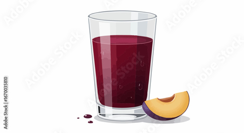 Glass of plum juice with fresh plum slice on white background  