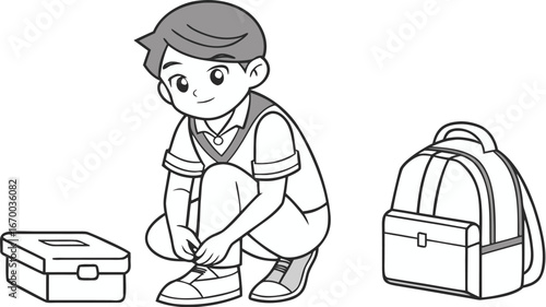 Schoolboy Tying Shoelaces – Black and White Vector Illustration