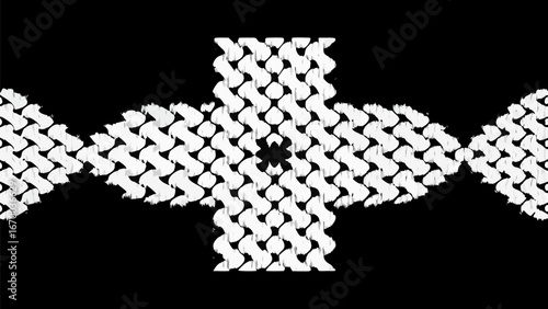 Abstract black and white cross pattern with interwoven brush strokes and textured appearance forming a cross silhouette