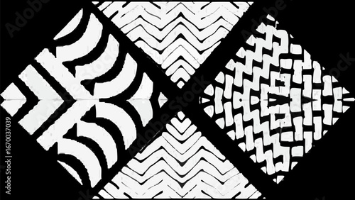 Abstract black and white pattern of shapes arranged in a diamond formation with varying textures silhouette