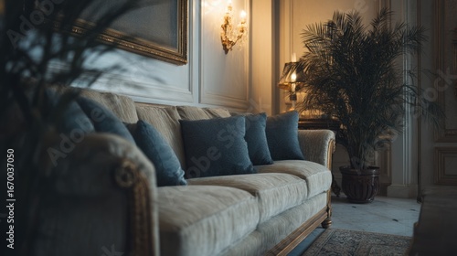 Elegant interior featuring a classic sofa  decorative elements  and a leafy plant