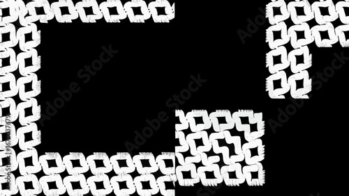 White geometric patterns forming a partial frame on a black background creating an abstract design silhouette