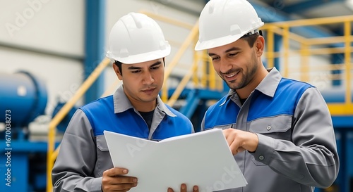 Two industrial workers in a large factory setting review blueprints together, a collaborative and focused atmosphere.