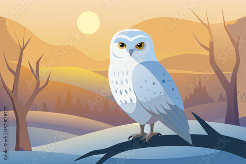 A white feathered raptor with a sharp beak, possibly an owl, perched on a tree branch