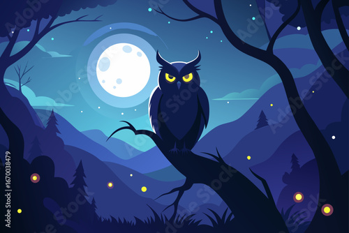 A spooky Halloween night illustration of an owl silhouette on a tree under a dark autumn moon with a flying bat and a black cat